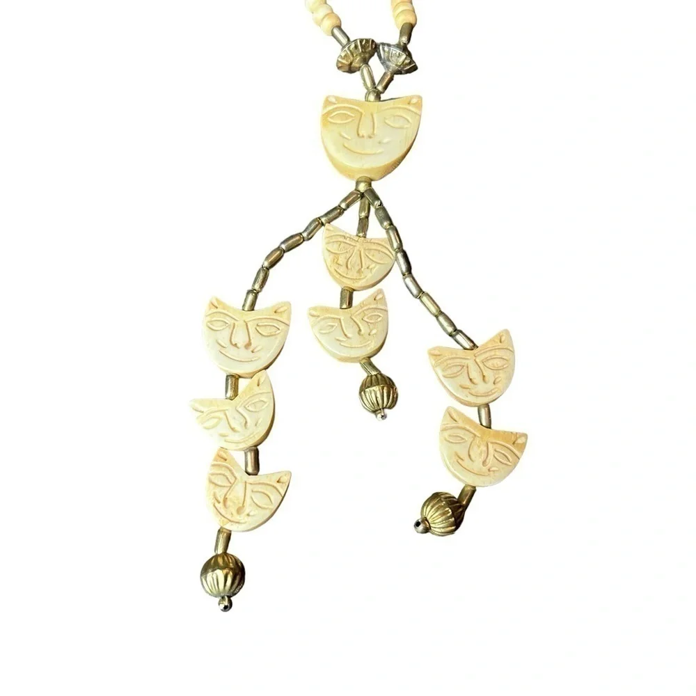 Carved and Beaded Bone Metal Multiple Strand Cat Face Hook and Loop Necklace